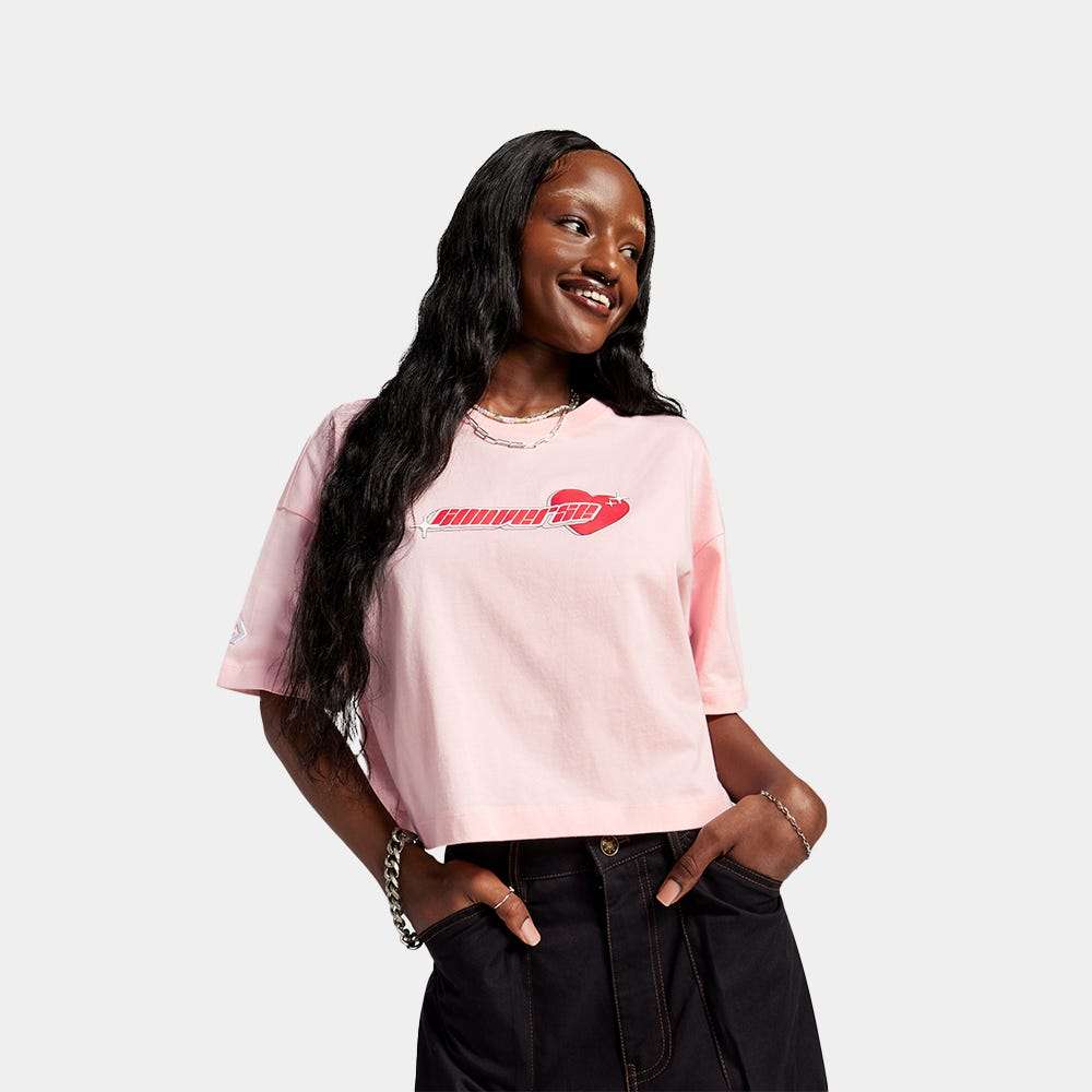 Shop Converse Women Pink Y2K Heart Cropped Oversized T-Shirt