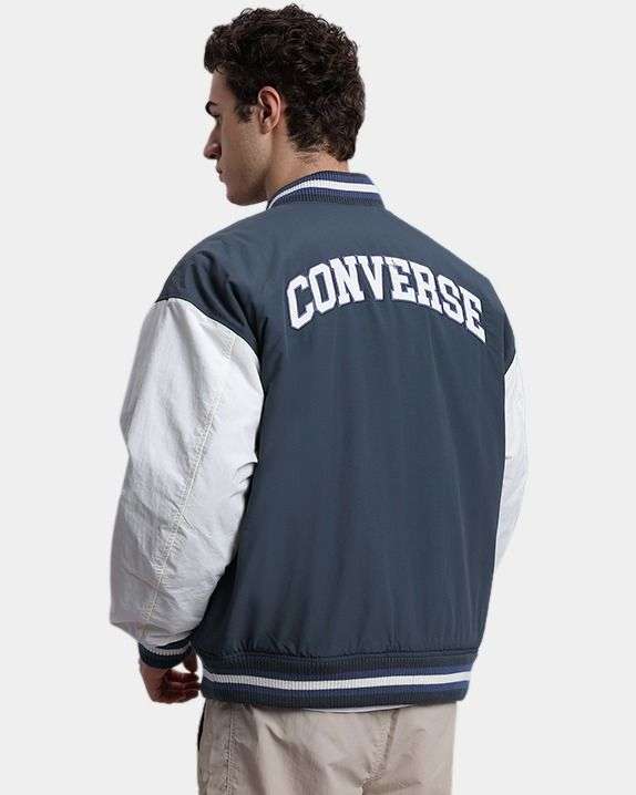Shop Converse Men Blue Varsity Graphic Bomber Jacket Online